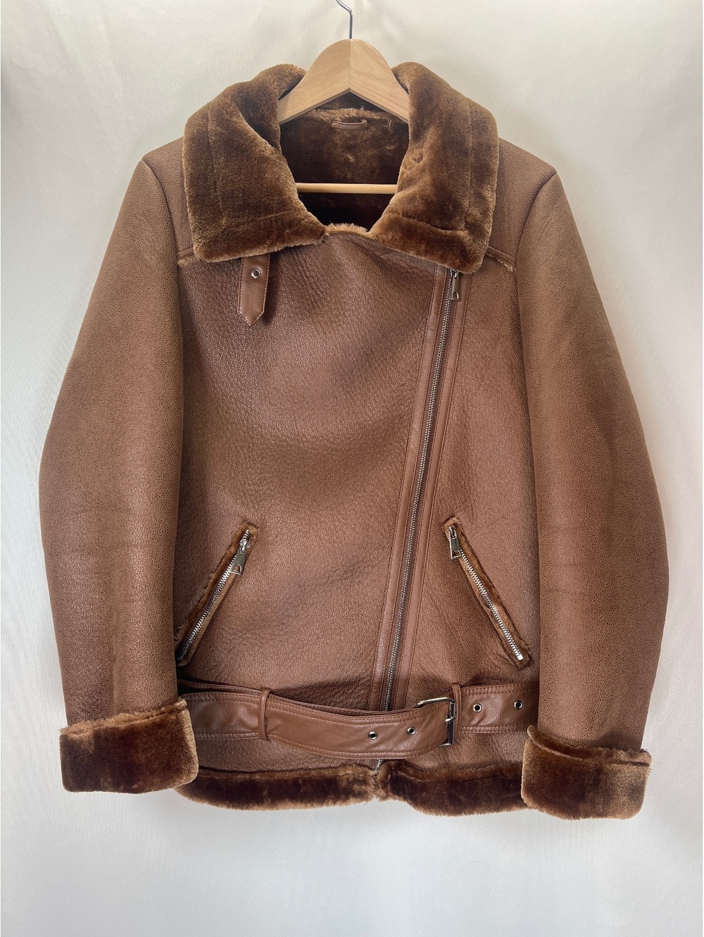 Faux Shearling Aviator Jacket Brown Women's Large
